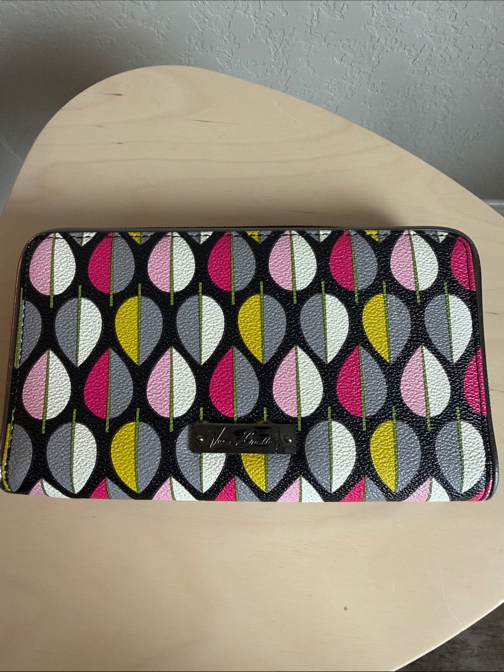 Vera Bradley Black Wallet with Pink, Yellow, Gray & White Leaf Motif